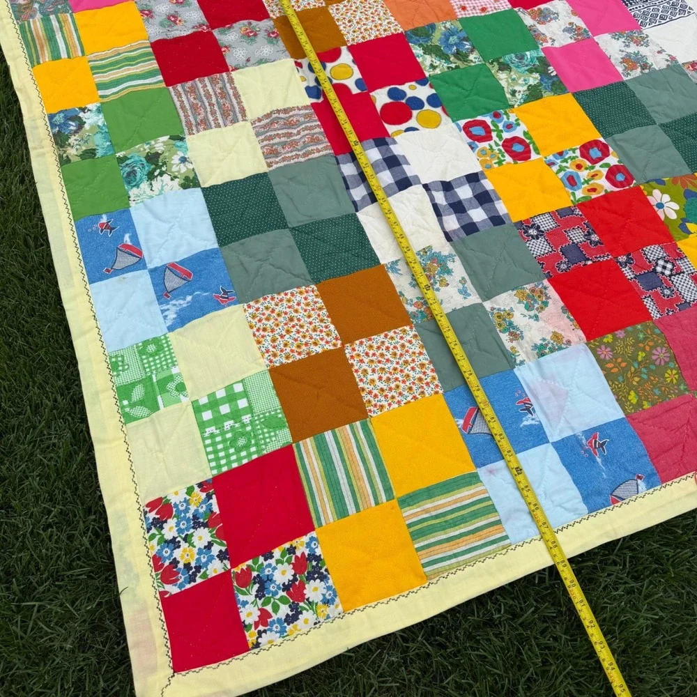 A+ Vintage Handmade Patchwork Quilt Multi Color Scrap Block Cottagecore 89x75